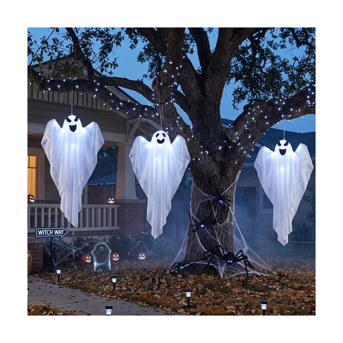 3 Packs Halloween Decorations Outdoor - BCLGSHINE Lighted Hanging Ghost Decorations with 45 LEDs, 32 Inch Halloween-Ghost Lights for Porches, Party, Yards, Gardens, Lawn