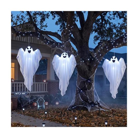 3 Packs Halloween Decorations Outdoor - BCLGSHINE Lighted Hanging Ghost Decorations with 45 LEDs, 32 Inch Halloween-Ghost Lights for Porches, Party, Yards, Gardens, Lawn