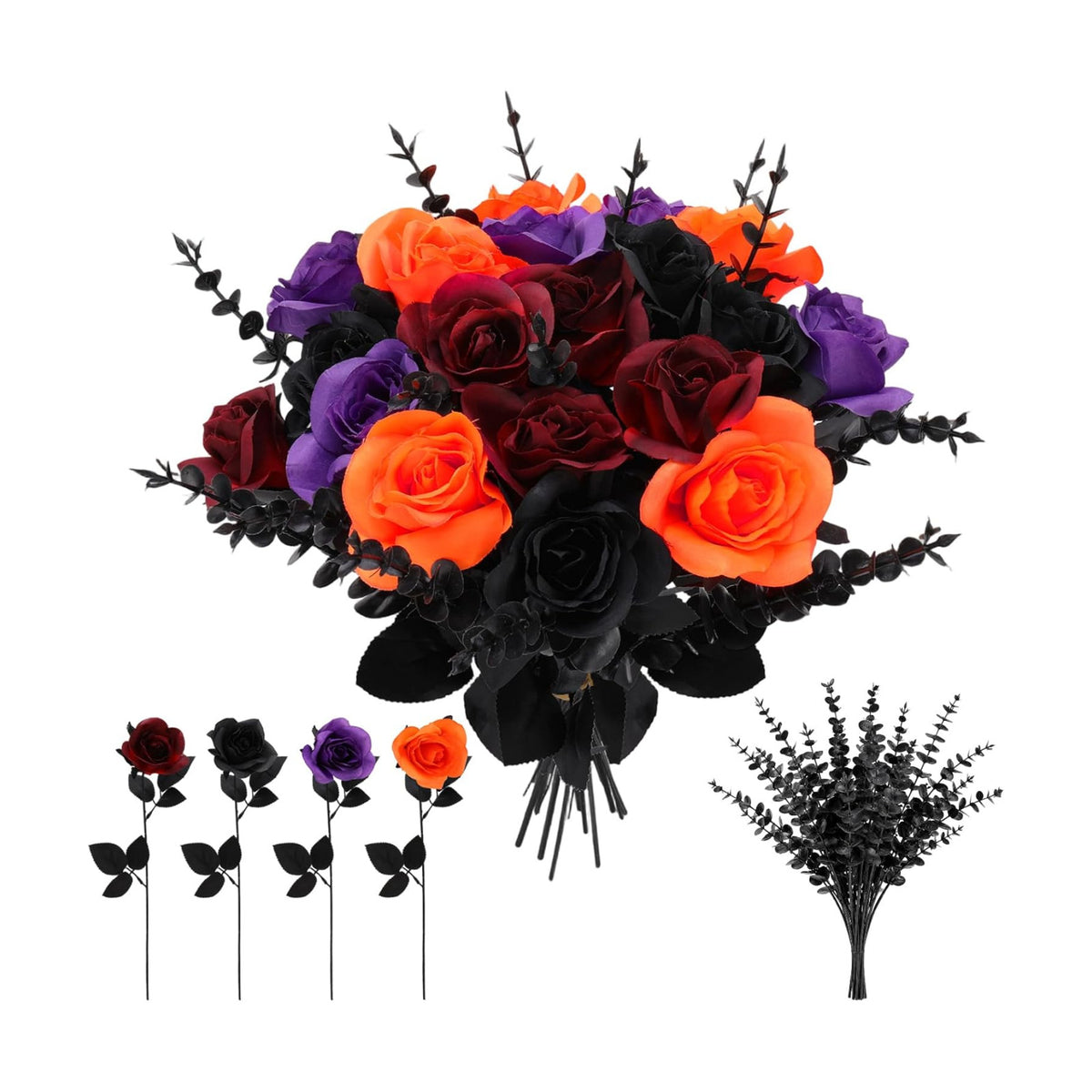 48 Pieces Halloween Artifical Rose and Eucalyptus Stems