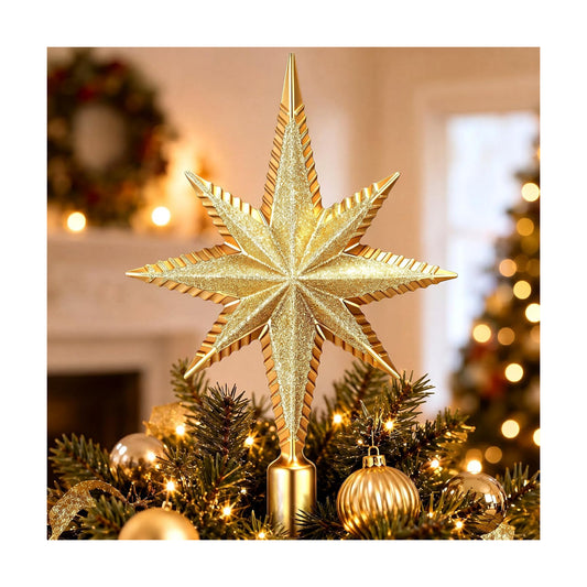 Sanwuta Christmas Bethlehem Star Tree Topper 8 Inch Glitter, Gold