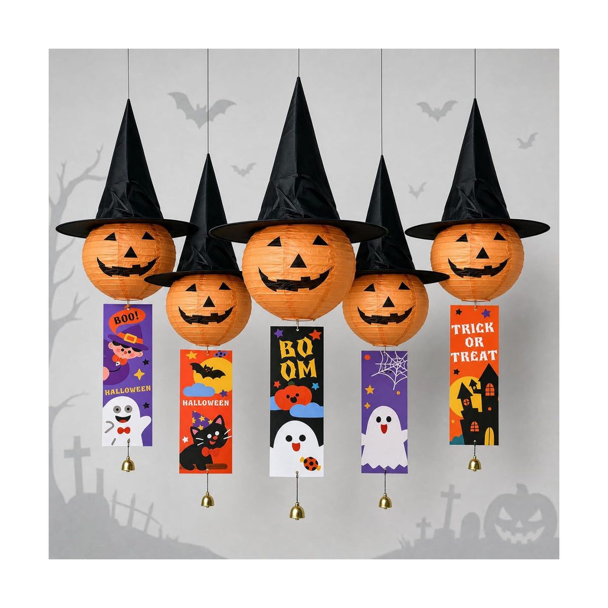 5 Pcs Halloween Paper Lantern – Spooky Hanging Pumpkin Lantern Set