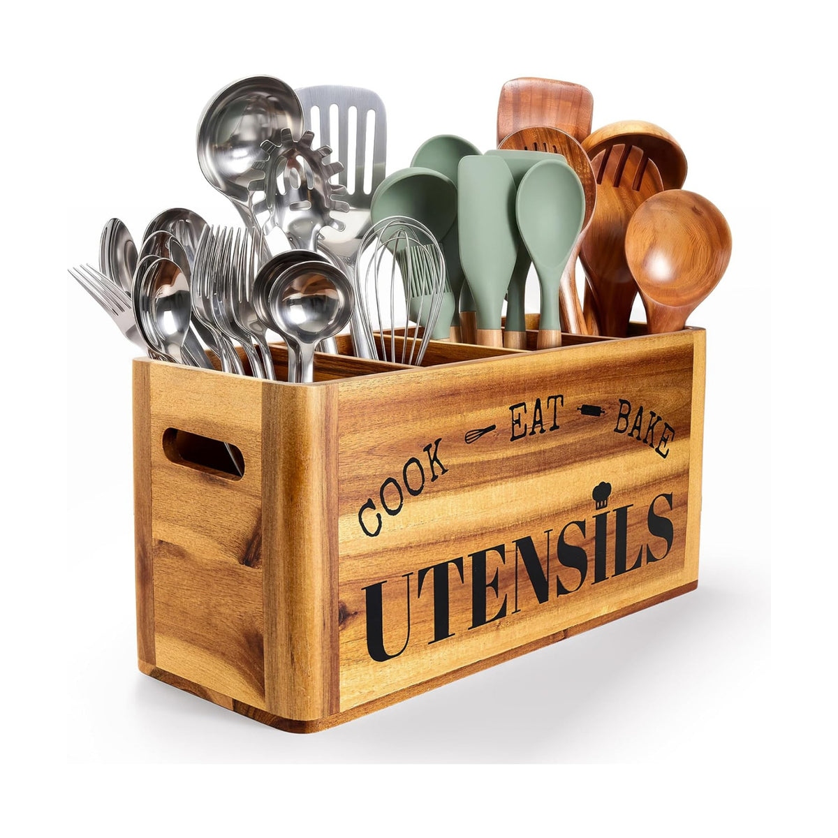 INSAGO Extra Large Acacia Wooden Kitchen Utensil Holder for Countertop | 4 Compartments Sturdy Utensil Holder
