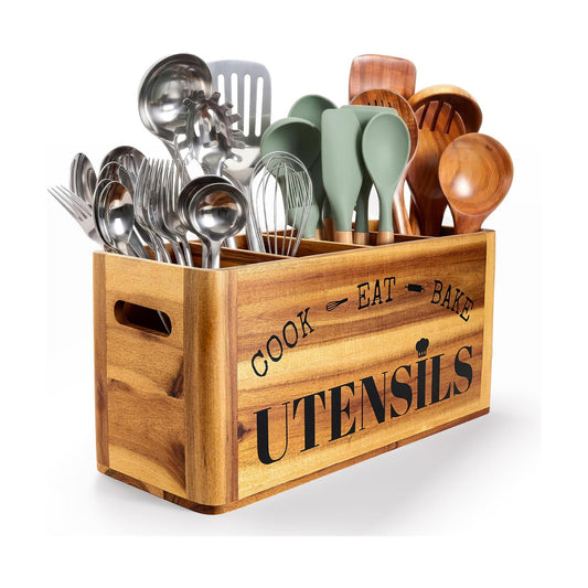 INSAGO Extra Large Acacia Wooden Kitchen Utensil Holder for Countertop | 4 Compartments Sturdy Utensil Holder