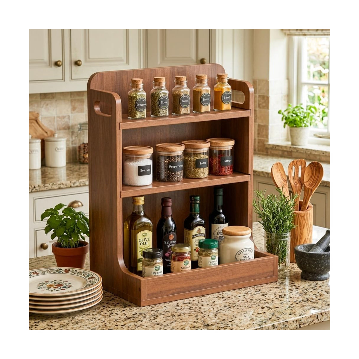 Solid Wood 3-Tier Spice Rack Countertop Organizer Kitchen Storage Shelf | Sturdy wood desktop shelf for spices, coffee