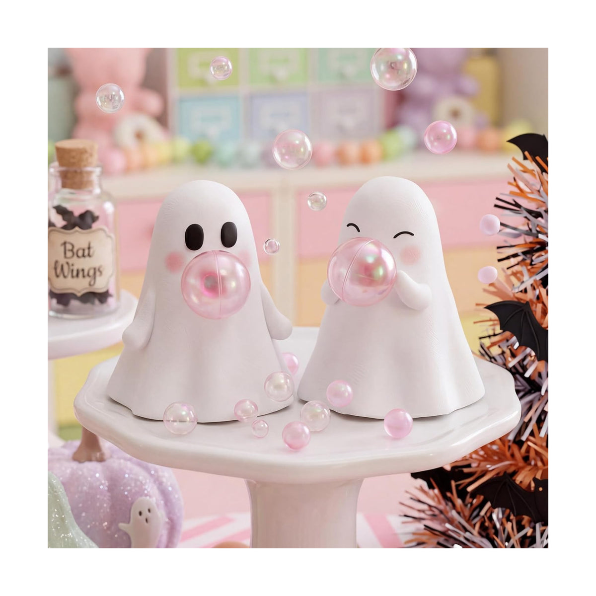 Set of 2 Halloween Ghost Figurines - Cute Ceramic Bubble Gum Ghost Statue