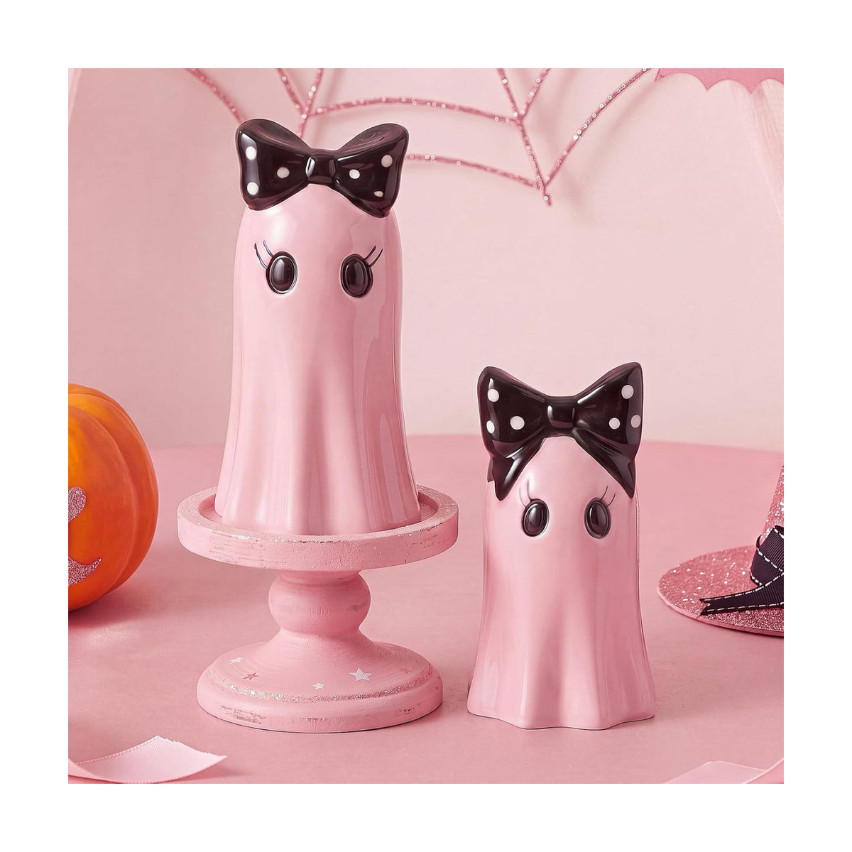 Set of 2 Halloween Ghost Figurines - Pink Ceramic Ghost Statue with Bowknot