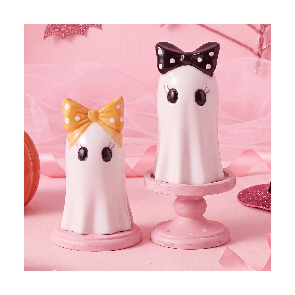 Set of 2 Halloween Ghost Figurines, White Ceramic Ghost Statue with Bowknot