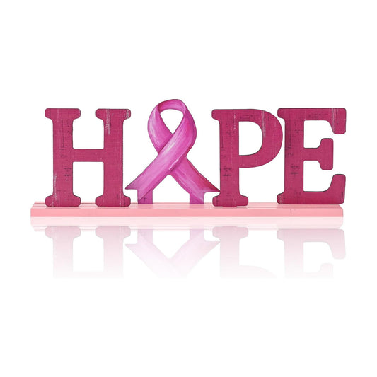 Smile Breast Cancer Awareness Wooden Standing Decor, HOPE Letters Pink Ribbon Tiered Tray Tabletop Signs with Stands for Home Office Decorations