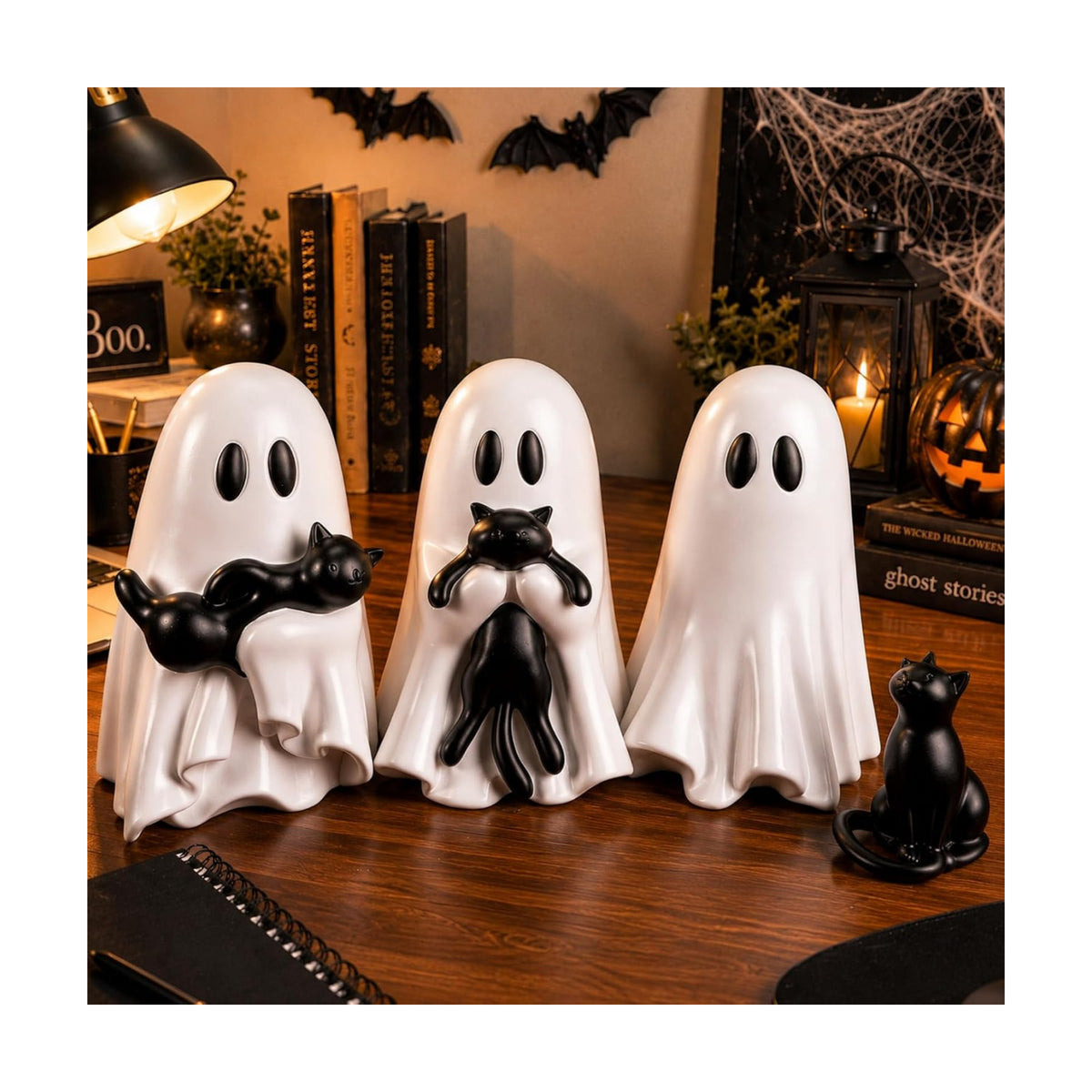 RattanView 4 Pcs Large Halloween Ghost Cat Table Decor, 6" Cute Figurines
