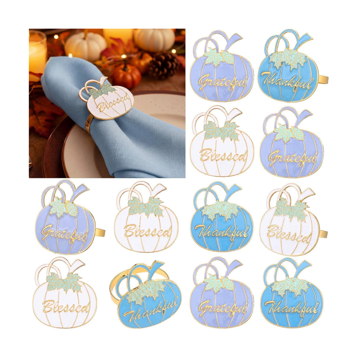 WILLBOND 12 Pcs Fall Thanksgiving Pumpkin Napkin Rings, Blue White