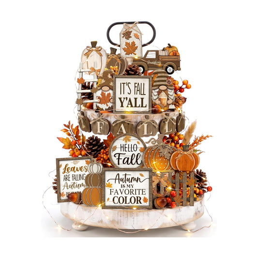 Shellwei 20 Pcs Fall Tiered Tray Decor Set, Thanksgiving Wooden Table Sign