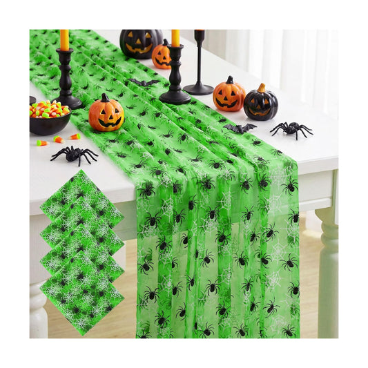 4 Pcs Green Spider Web Table Runners 29x70, Halloween Party