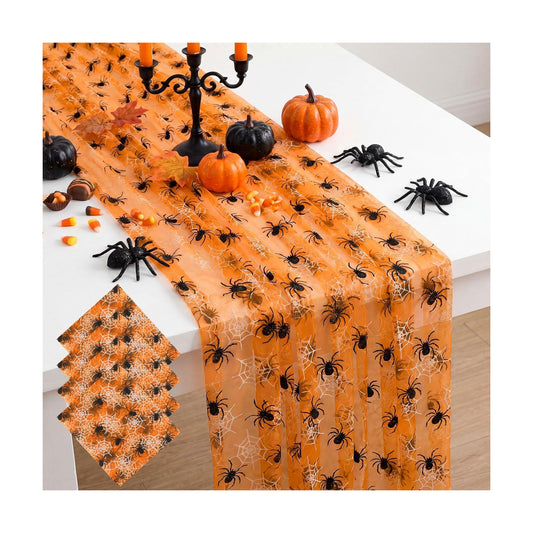 4 Pcs Halloween Orange Spider Web Table Runner 29x70 Inch Lace Decor