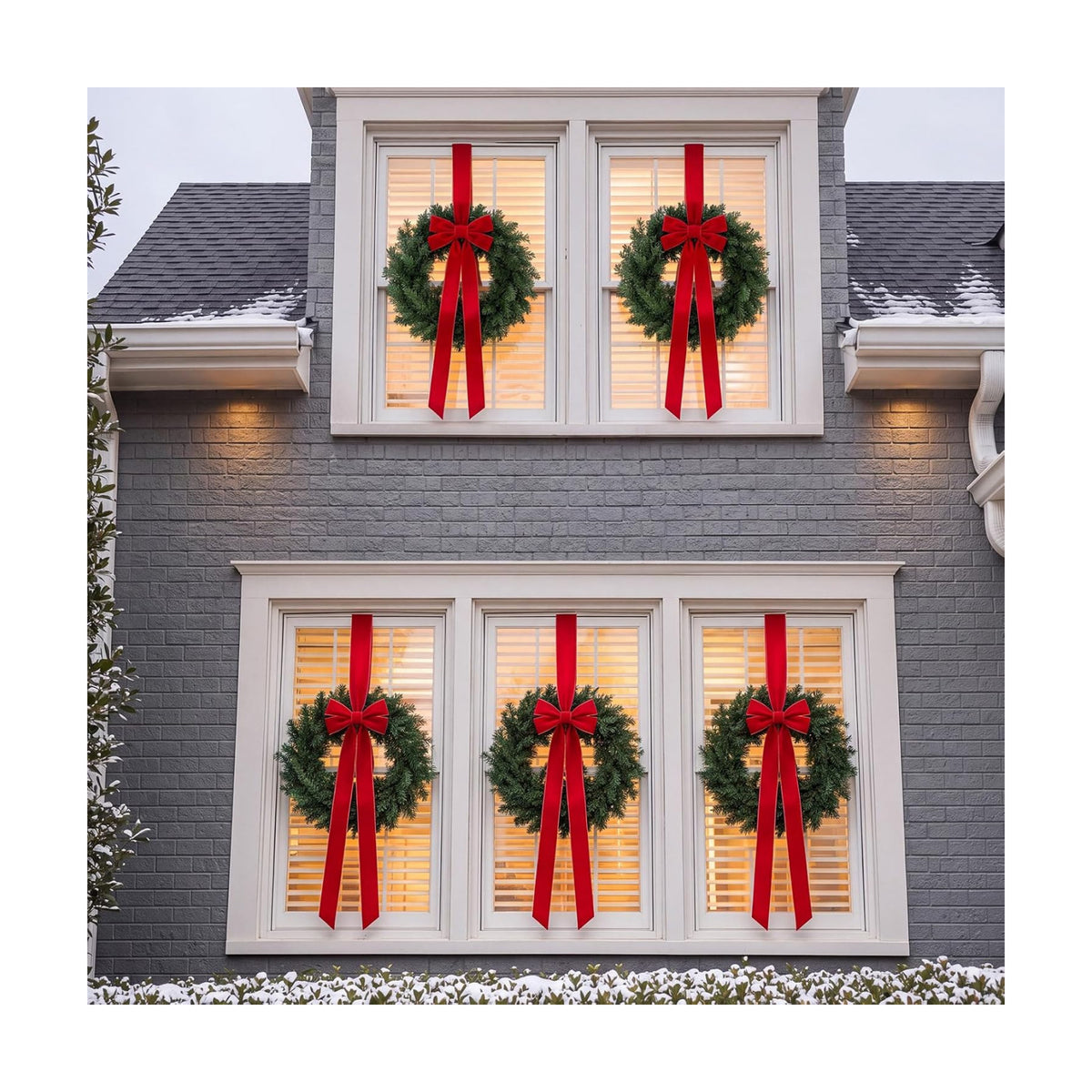 Roowest 6 Pack 12'' Christmas Window Wreaths Decorations & Red Velvet Bow