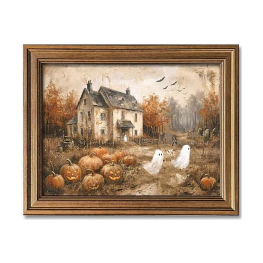 Wemandh Vintage Halloween Wall Art, Gold Framed Rustic Ghost and Pumpkin Decor, Spooky Haunted House Picture for Gothic Room, Farmhouse Fall Autumn Canvas Print Artwork (16'' x 20'')
