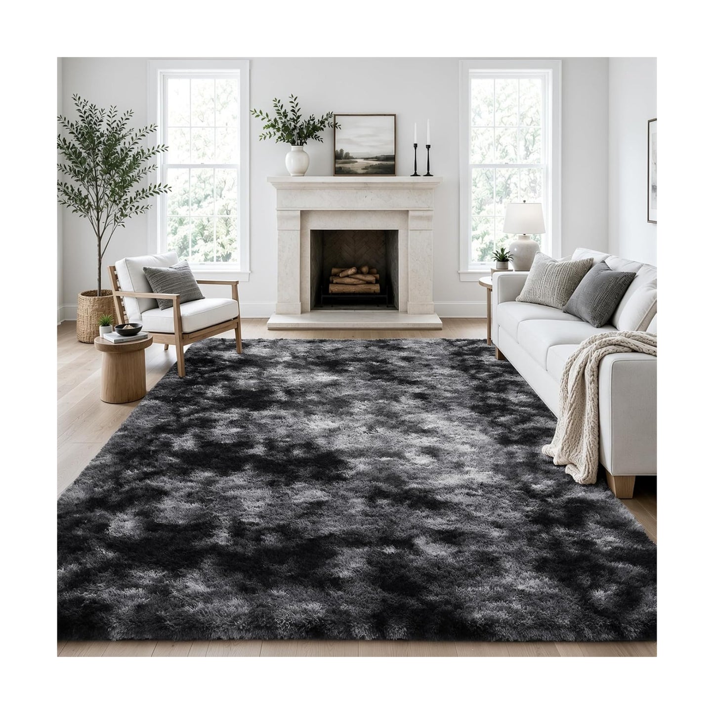 Ophanie Tie-Dyed Black & Grey Area Rugs 8x10 for Bedroom Living Room, Fluffy Shag Fuzzy Carpet, Plush Shaggy Rug