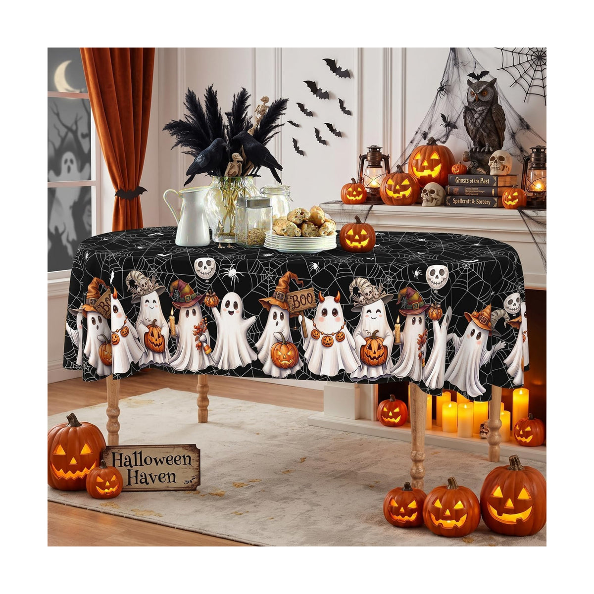 Black Halloween Tablecloth Oval 60 x 102 Inch, Washable Fabric Spider Web Ghost Table Cloth Oval Halloween Tablecloth Table Cover for Kitchen Dining Party