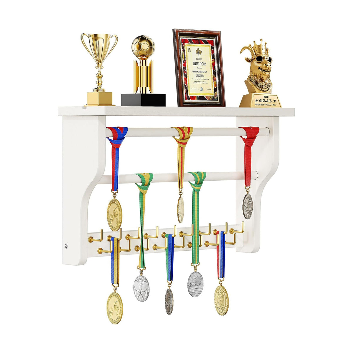 Medal Hanger Display, 3-Tier Solid Wood Trophy Shelf Rack | Medal Holder,2 Medal Bars,17 Metal Hooks,Heavy Duty