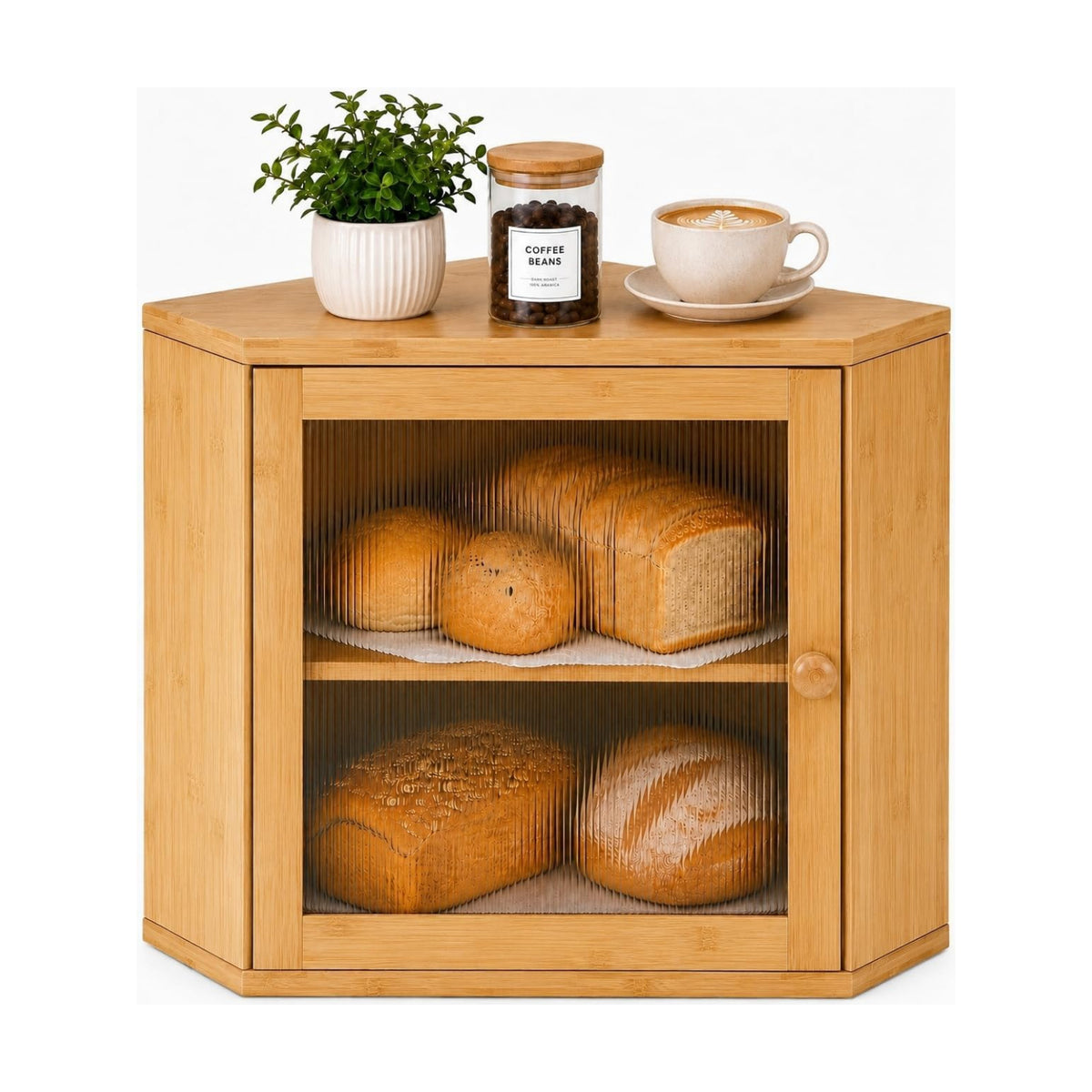 BAMBANG Corner Bread Box for Kitchen Countertop, Large Capacity Bamboo Wood Bread Storage Container, 2 Tier Farmhouse