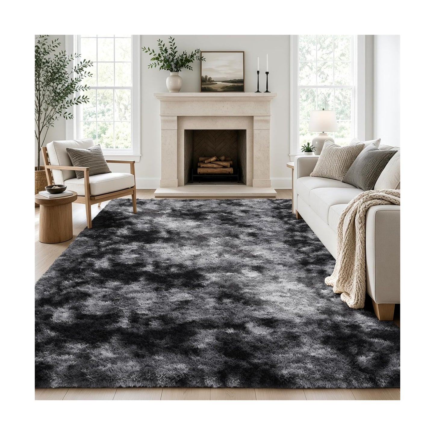 Ophanie Tie-Dyed Black & Grey Area Rugs 5x8 for Bedroom Living Room, Fluffy Shag Fuzzy Carpet, Plush Shaggy Rug, Indoor