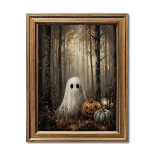 Wemandh Vintage Halloween Wall Art, Gold Framed Spooky Forest Ghost and Pumpkin Canvas Print, Dark Academia Room Decor, Moody Autumn Lantern Picture for Home Bedroom (12'' x 16'')