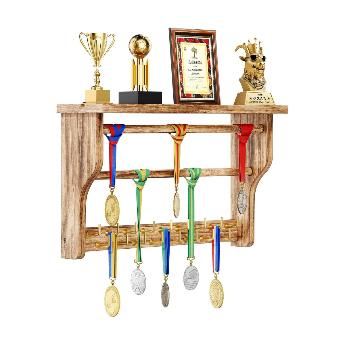 Medal Hanger Display, 3-Tier Solid Wood Trophy Shelf Rack | Medal Holder,2 Medal Bars,17 Metal Hooks,Heavy Duty