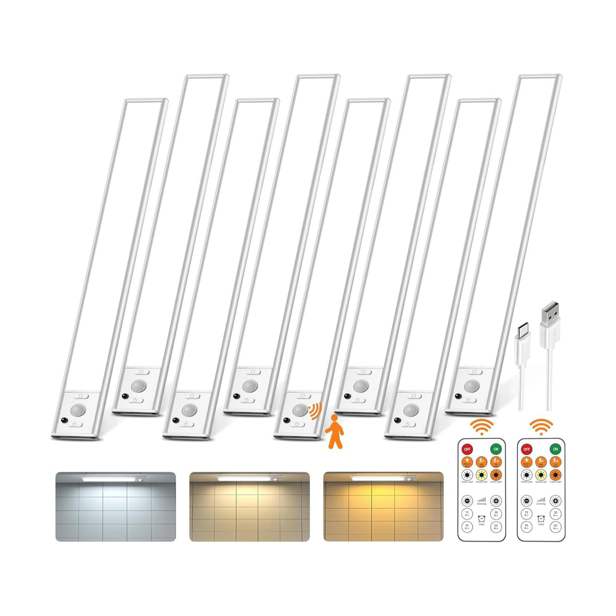 8 Pack Under Cabinet Lighting Rechargeable 12” Motion Sensor Light Indoor | 2500mAh Closet Lights Wireless, 3 Color