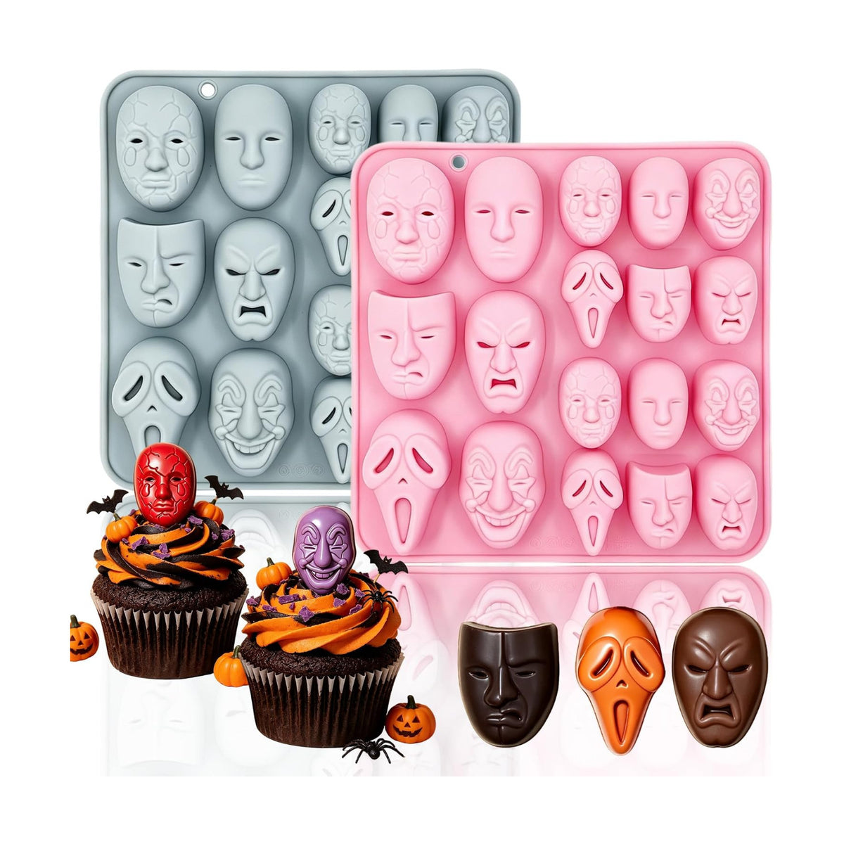 2 Pack 3D Ghost Face Silicone Molds 18 Cavity Halloween Themed Baking Mould Tray DIY Baking Tool for Chocolate Cake Dessert Candy Mousse Pastry Cupcake Topper Handmade Soap Crayons Plaster Casting