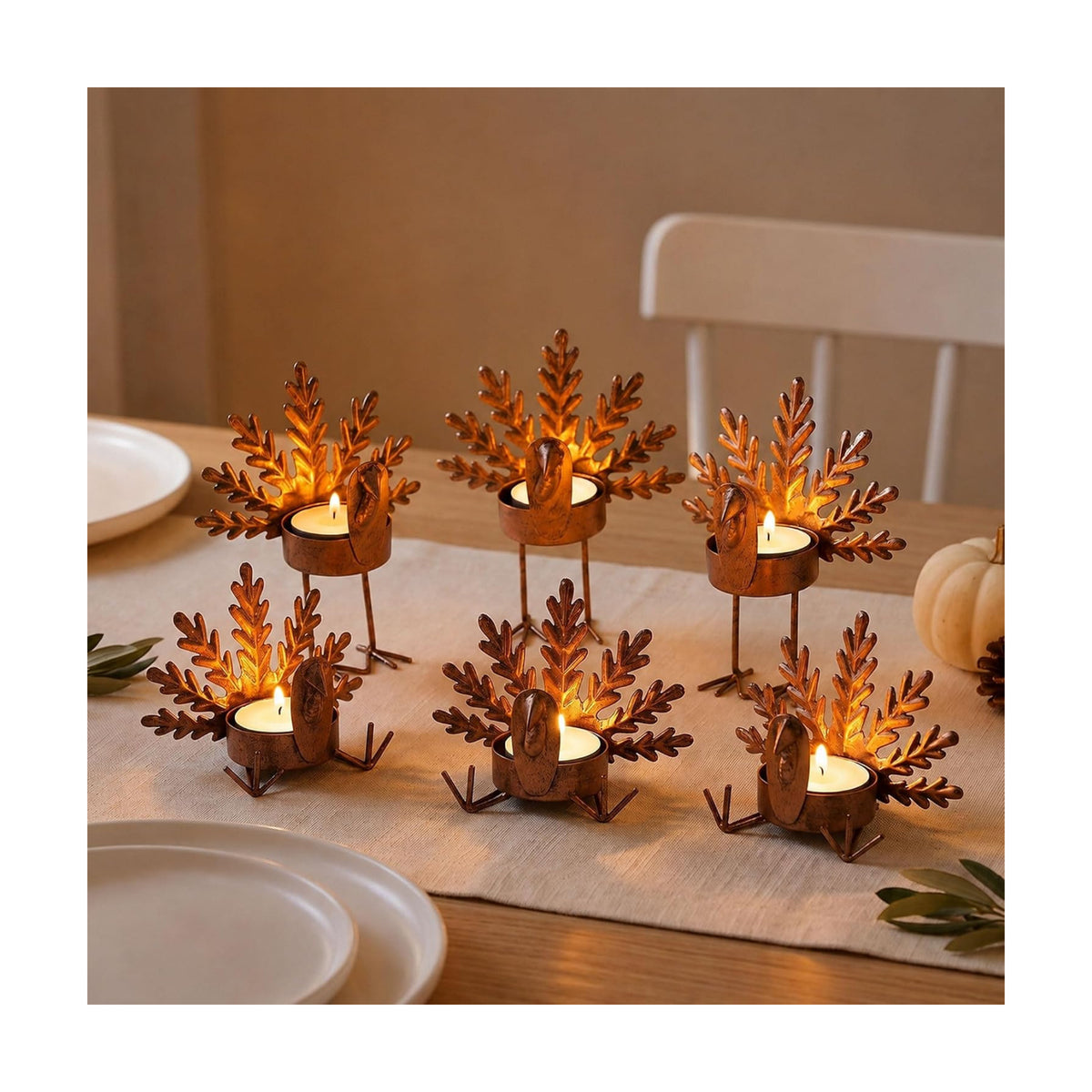 6pcs Metal Turkey Tea Light Candle Holders Fall Thanksgiving Table Decor