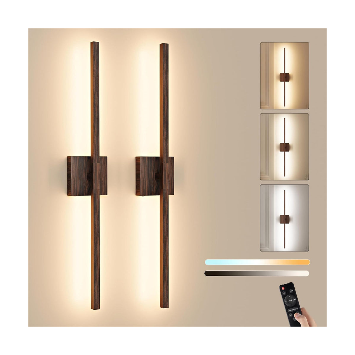 Rayogale Walnut Battery Operated Wall Sconce with Remote Control 36 Inch | 3000/4500/6000K Dimmable 8000mAh Wireless