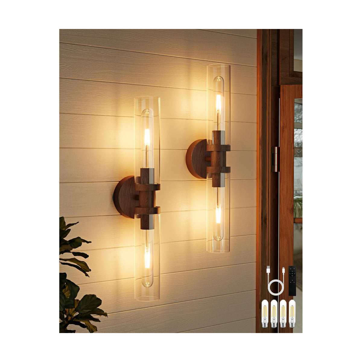 Rayogale Walnut Wireless Battery Operated Wall Sconces with Remote Control | Glass Rechargeable Wall Lights Set of 2