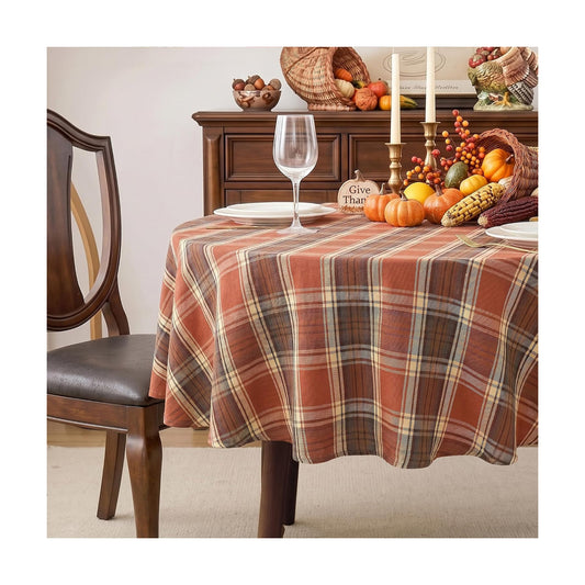 Fall & Thanksgiving Tablecloth Round 60 Inch, Tartan Plaid