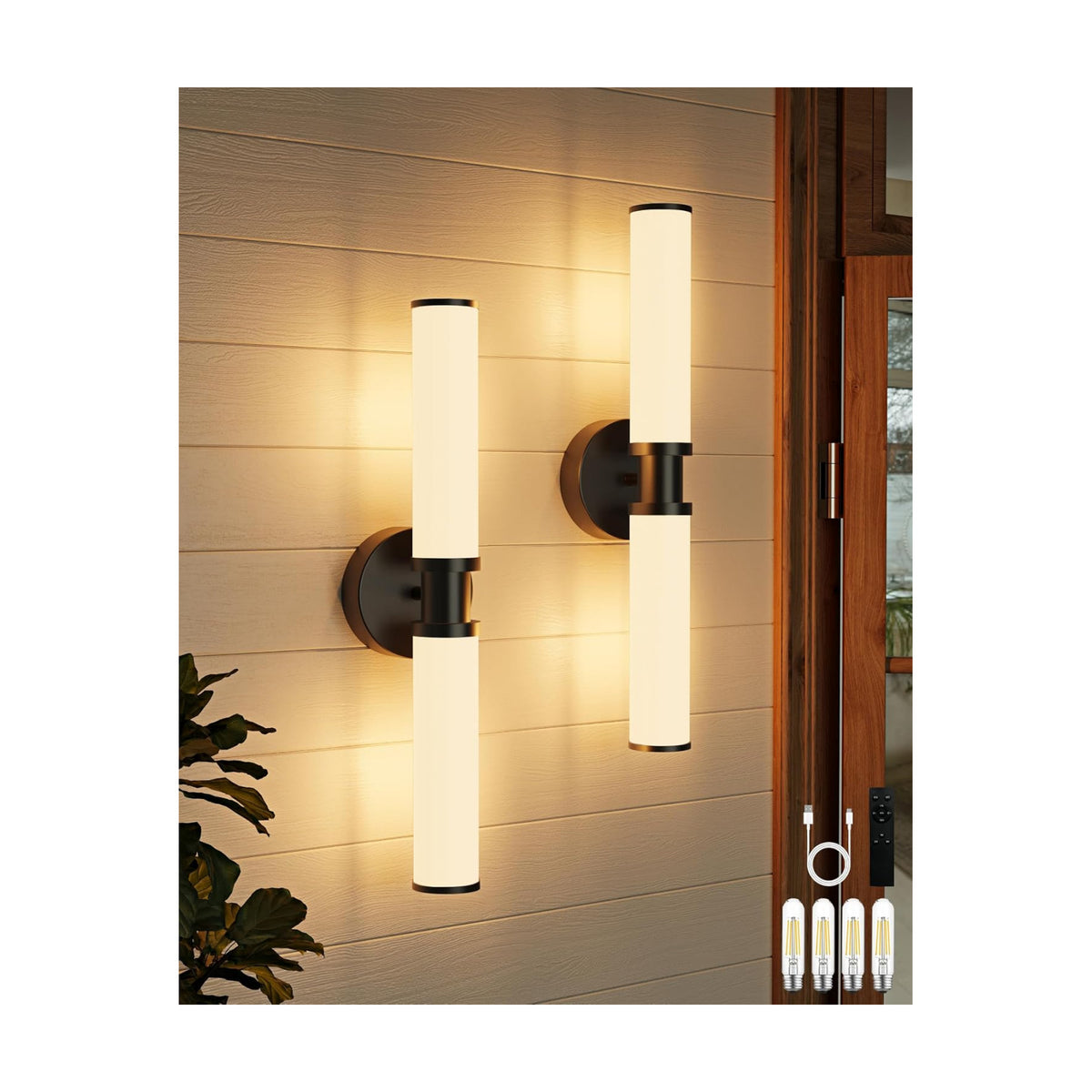Rayogale Black Rechargeable Battery Operated Wall Sconces with Remote | White Glass Wireless Wall Lights Set of 2 with