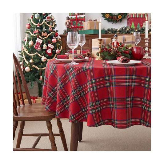 Round Christmas Tablecloth 60 Inch, Farmhouse Buffalo Plaid