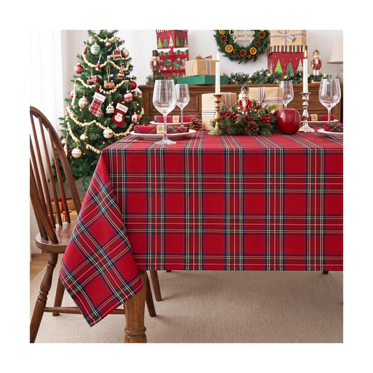Red Christmas Tablecloth Rectangular, Tartan Plaid, 60x84 Inch