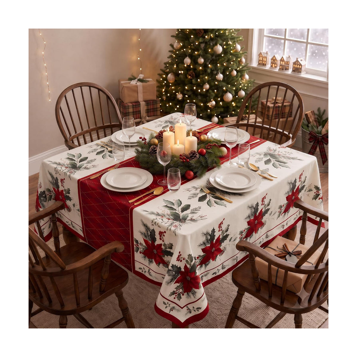 Square Christmas Tablecloth, Holiday Dining Decor, 54x54 Inch