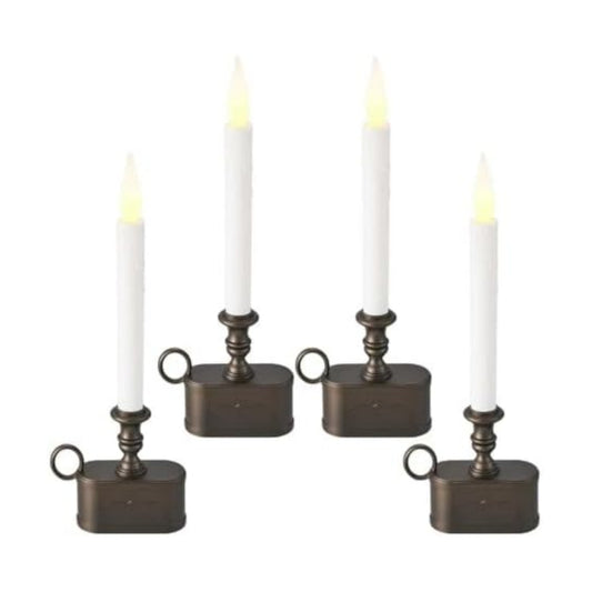 Flameless Window Candles with Timer, Set of 4 Flickering LED Battery Operated Taper Candles with Antique Bronze Chamberstick Holder Bases for Christmas Holiday Home Decor