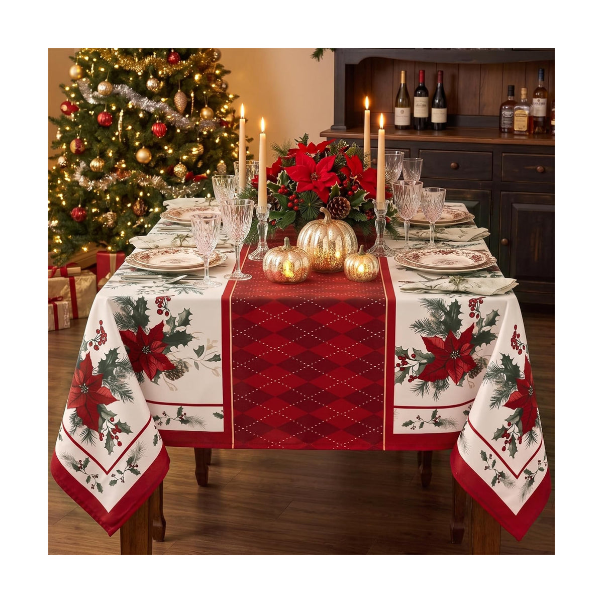 Christmas Tablecloth Rectangular, Holiday Dining Decor, 52x70 Inch