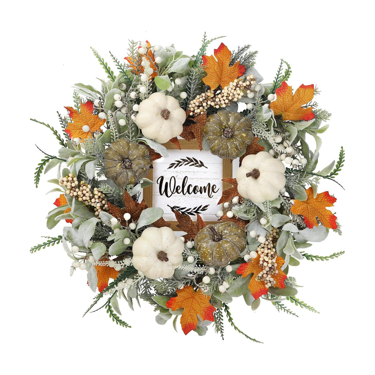 Sggvecsy Fall Wreath 23’’ Autumn Front Door Wreath Harvest Wreath with Welcome Sign Pumpkins Maple Leaves Lambs Ear Pine Needles for Outside Indoor Wall Festival Thanksgiving Autumn Decor