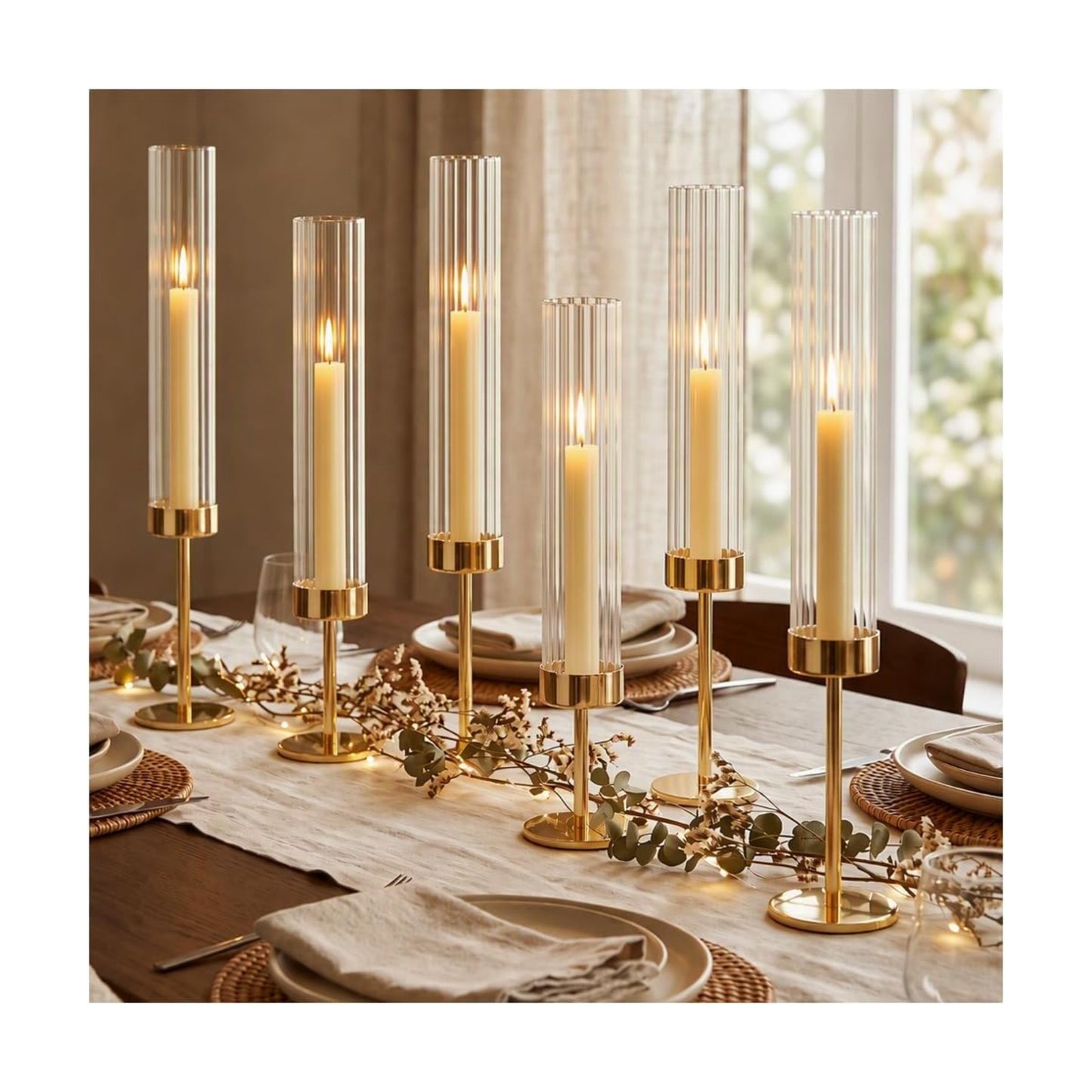 Gold Hurricane Taper Candle Holders,2 Sets(6 Pcs) Brass Tall Candlestick Holders with Ribbed Glass Cylinder, Table