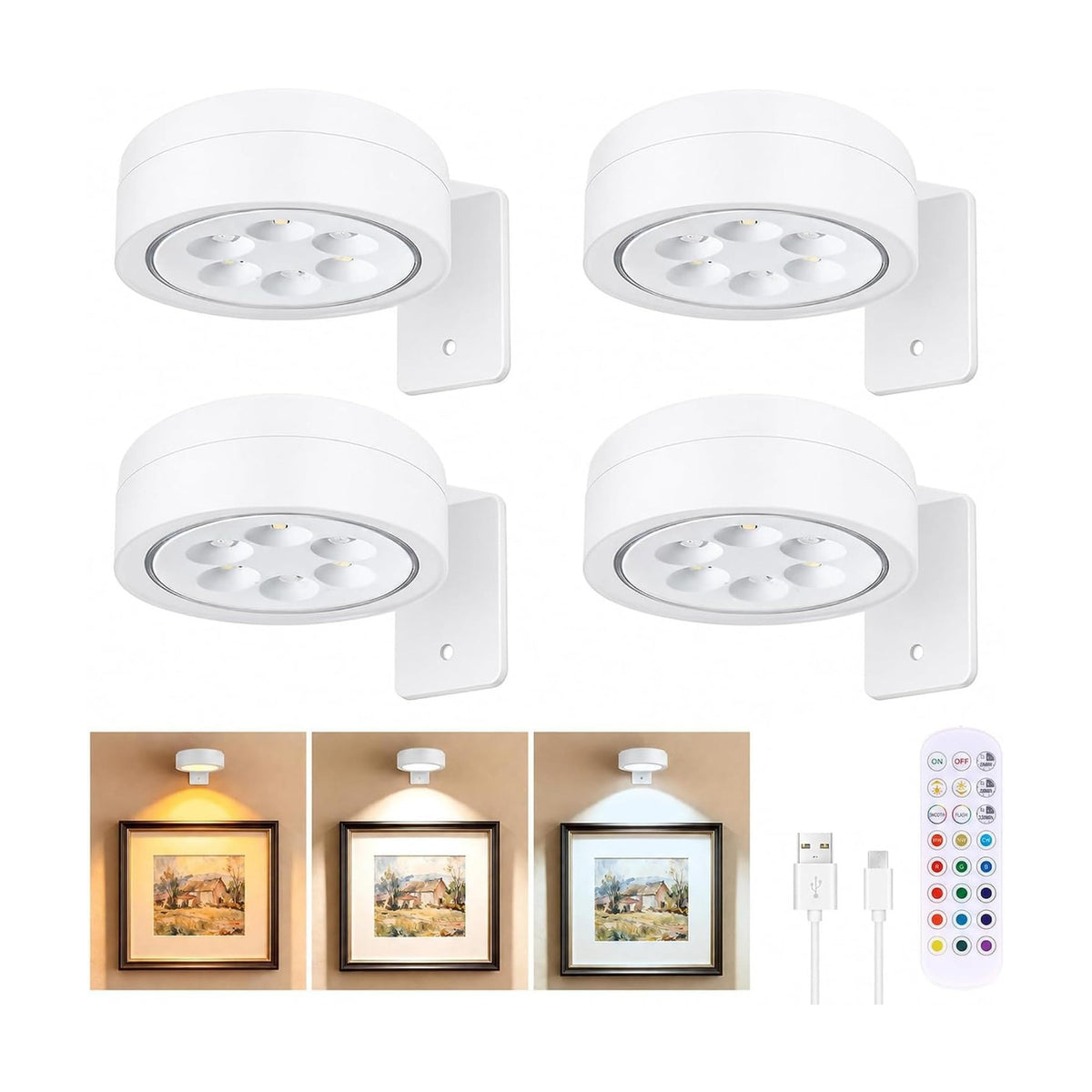 4-Pack Picture Lights for Wall, Rechargeable Wireless Poster Lights, White | LED Magnetic Painting Lights with