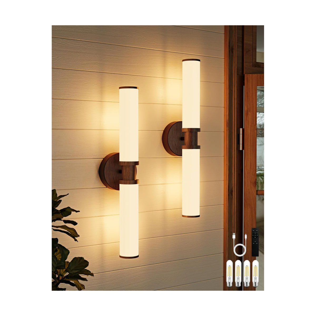 Rayogale Walnut Wireless Battery Operated Wall Sconces with Remote Control | White Glass Rechargeable Wall Lights Set