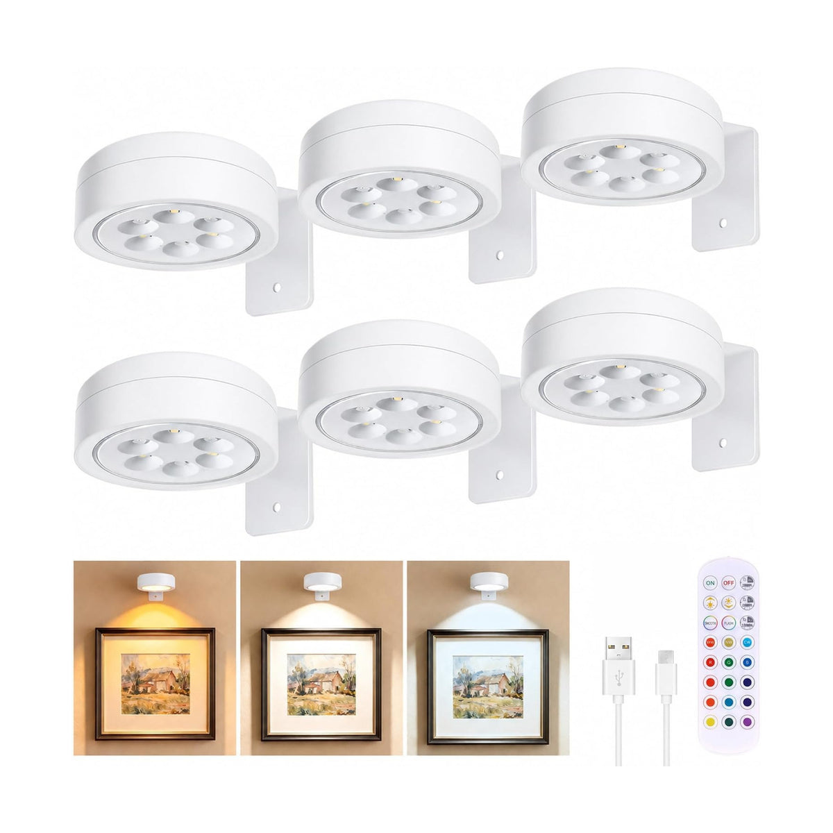 6-Pack Picture Lights for Wall, Rechargeable Wireless Poster Lights, White | LED Magnetic Painting Lights with