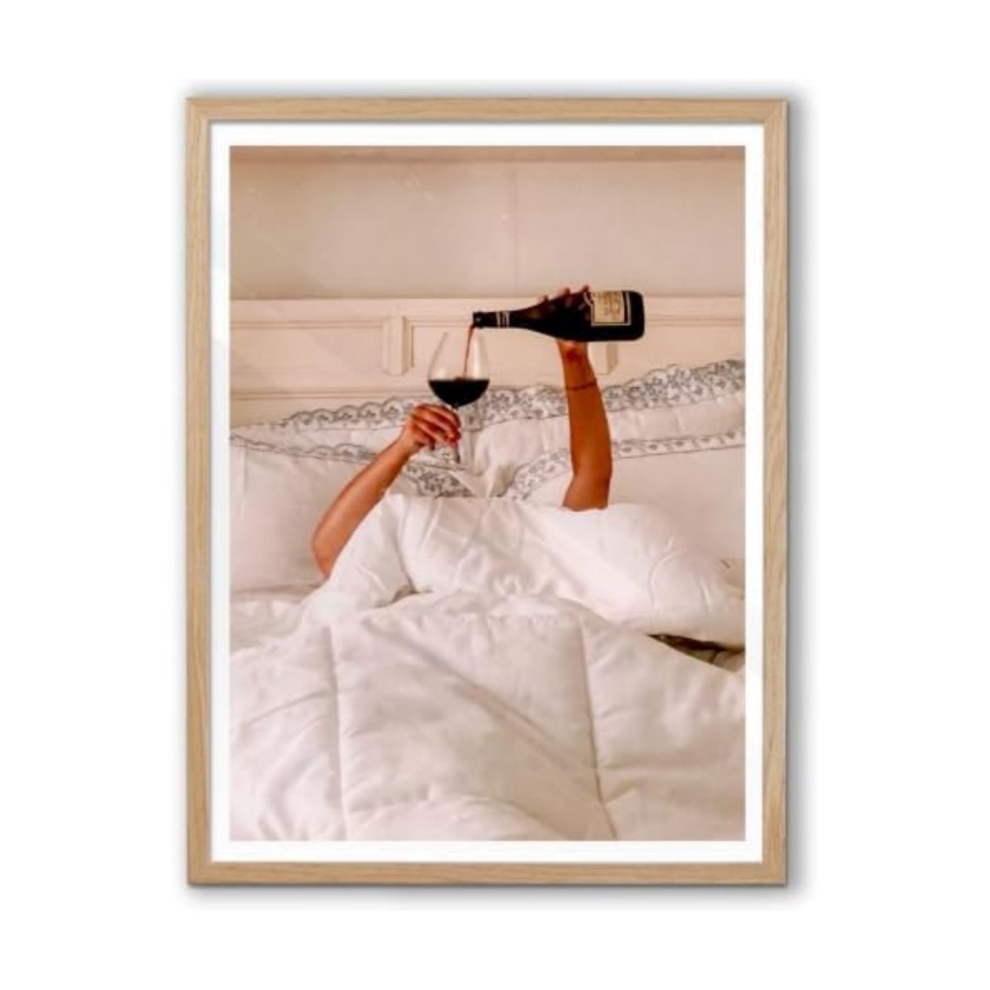 EcoHest 18x24 in Woman Drinking Wine in Bed Framed Wall Art for Bedroom