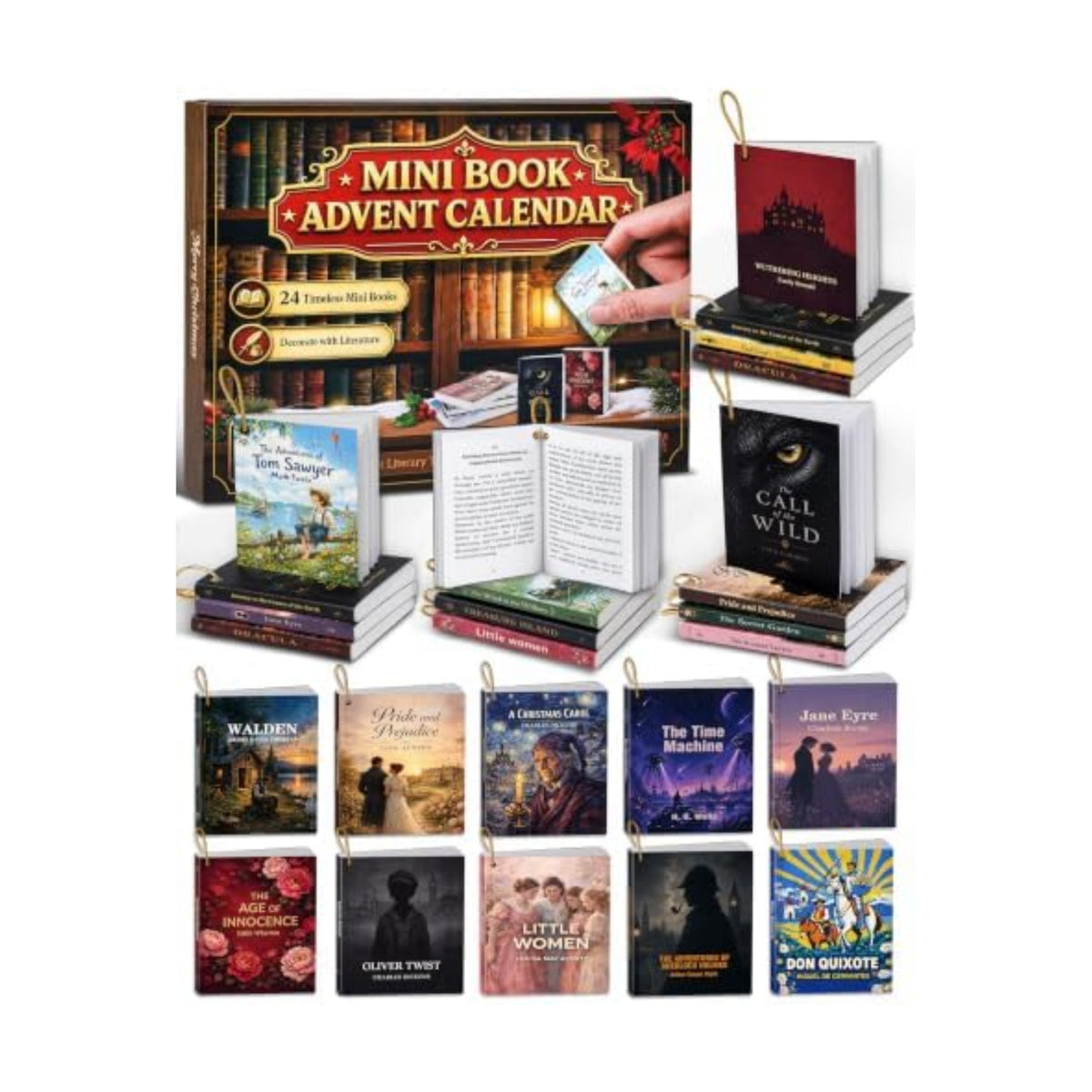 Mini Book Advent Calendar 2026 for Book Lovers, 24 Christmas Ornaments