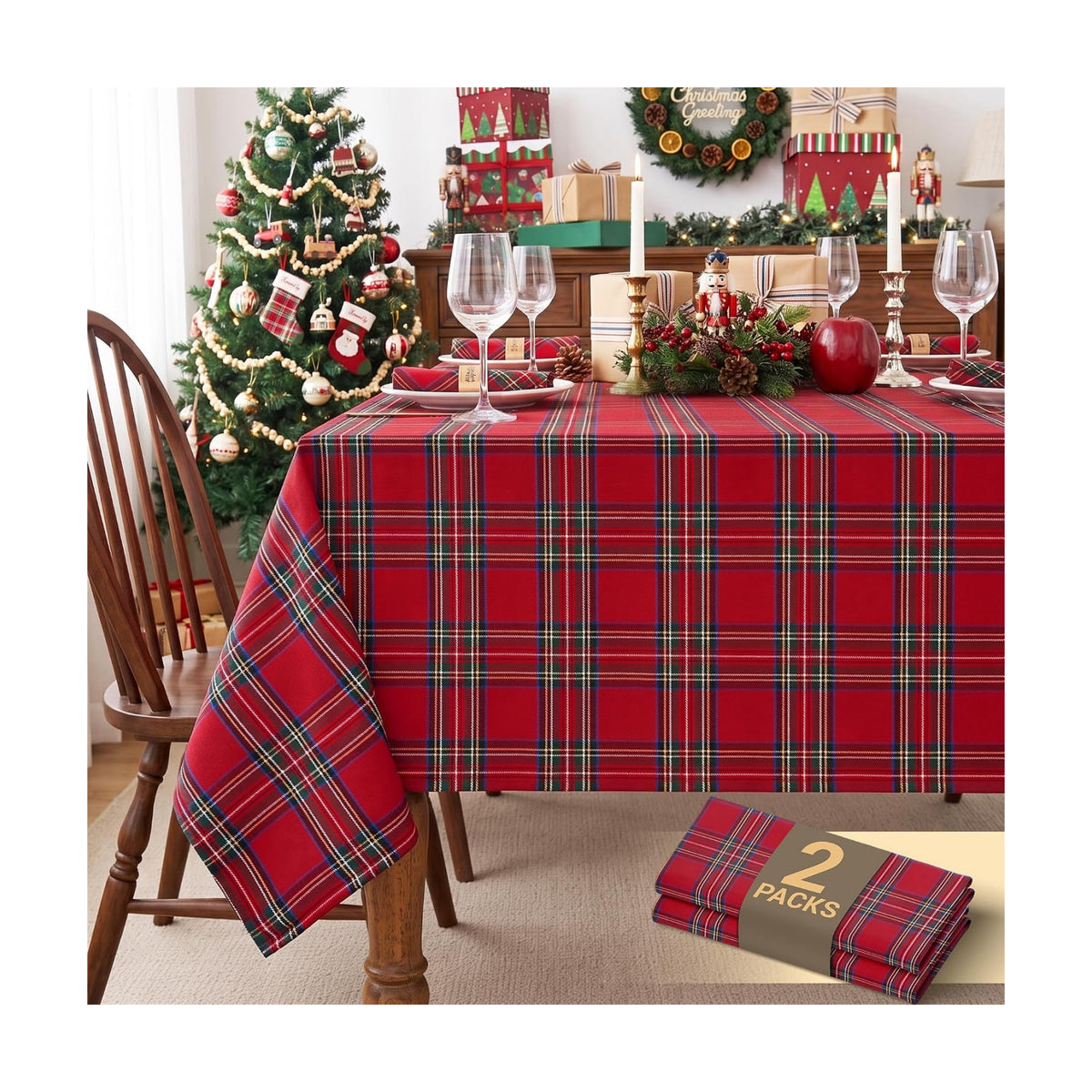 6f Christmas Tablecloth Rectangular, Tartan Plaid, 2-Pack
