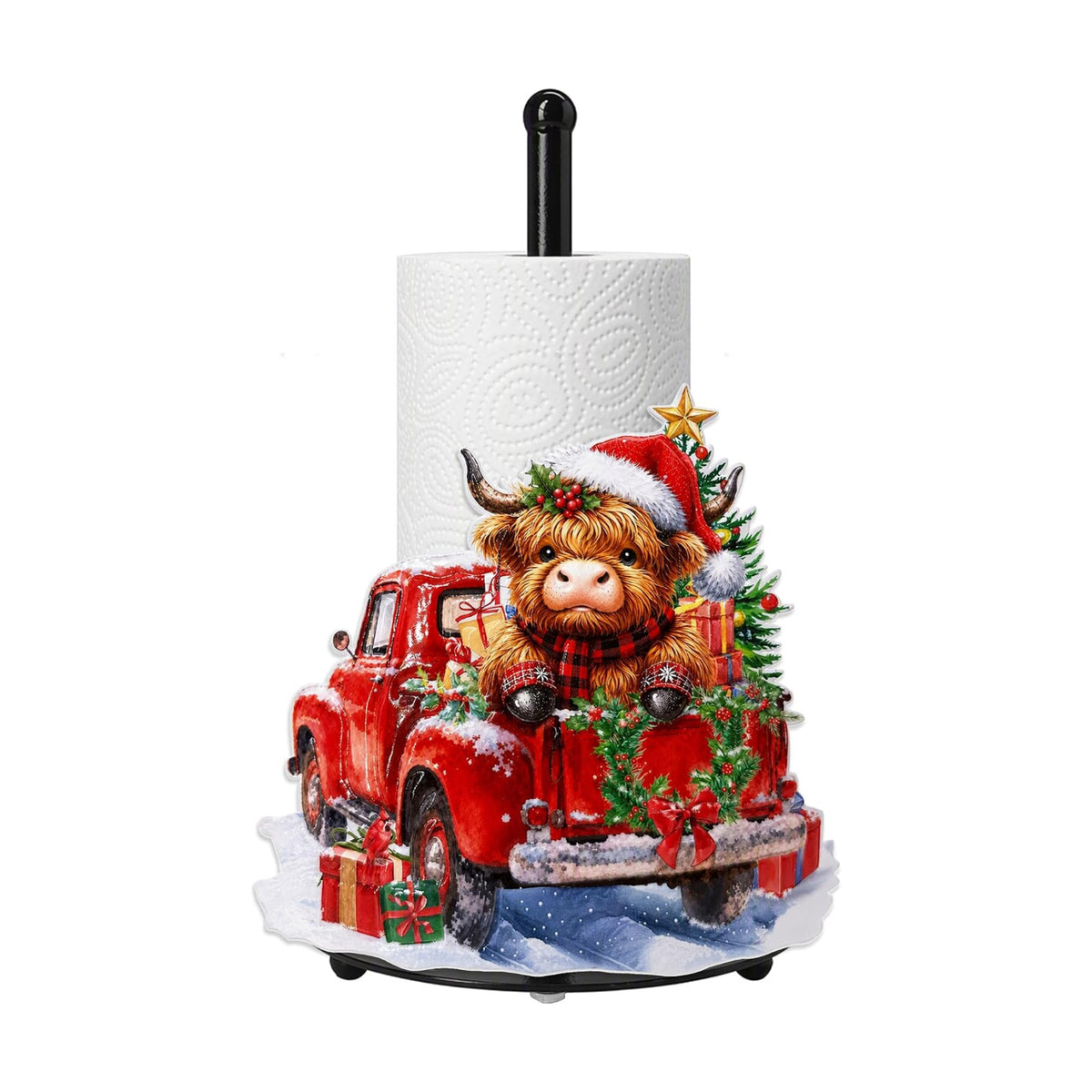Christmas Highland Cow Paper Towel Holder, Farmhouse Xmas Kitchen Countertop Decor, Highland Cow Paper Towel Roll Stand, Christmas Housewarming Birthday Gift for Women Mom