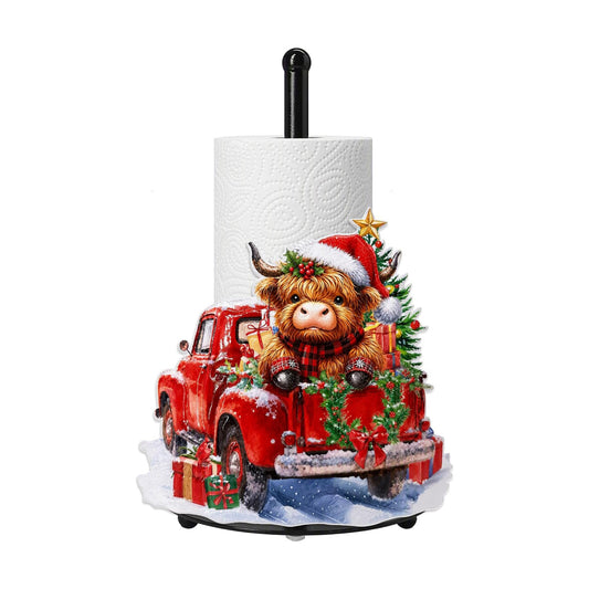 Christmas Highland Cow Paper Towel Holder, Farmhouse Xmas Kitchen Countertop Decor, Highland Cow Paper Towel Roll Stand, Christmas Housewarming Birthday Gift for Women Mom