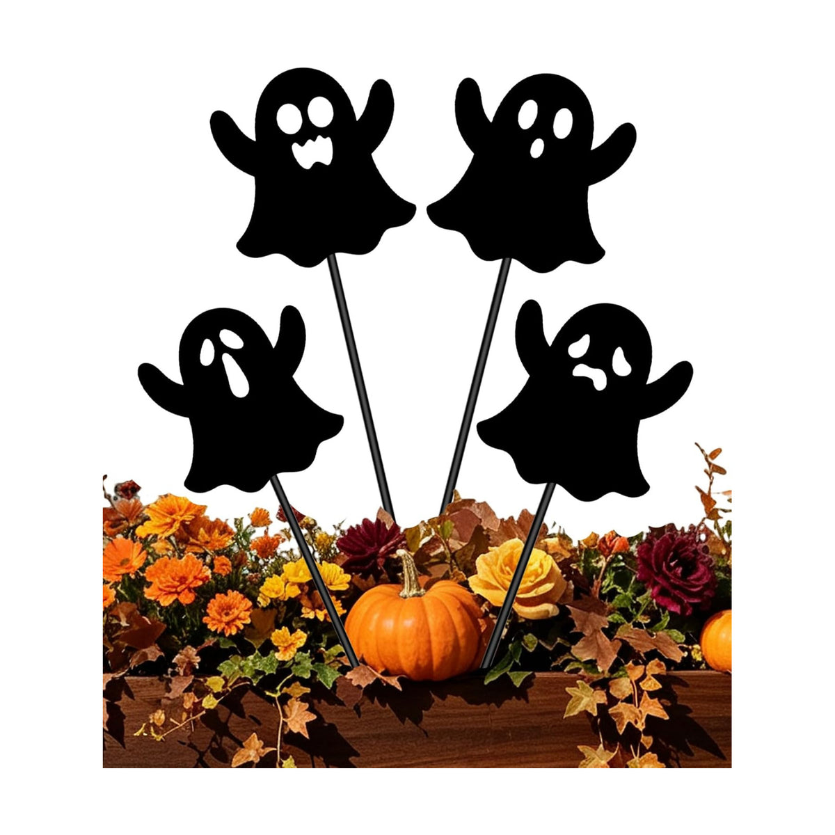 4 Pcs Ghosts Halloween Decorative Garden Stakes for Flower Planter Pot Outdoor Metal Yard Sign Day of The Dead Decorations Patio Lawn Decor