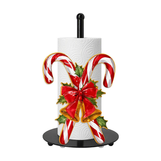 Christmas Candy Cane Paper Towel Holder, Farmhouse Xmas Kitchen Countertop Decor, Golden Bell Red Bow Holly Paper Towel Roll Stand, Christmas Housewarming Birthday Gift for Women Mom